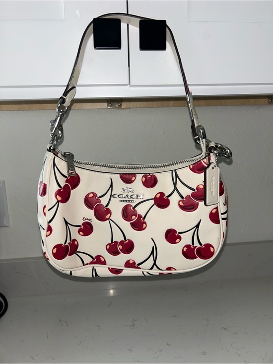 Coach Handbags - COACH Cherry Print Leather Shoulder Bag in Cream and Red